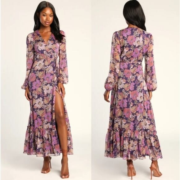 Lulus Feeling Sweet Purple Floral Print Long Sleeve Wrap Maxi Dress Size L - Picture 2 of 10